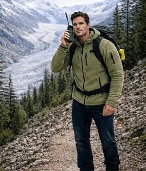 Hiker using EscapeZone accessories on a snowy mountain trail