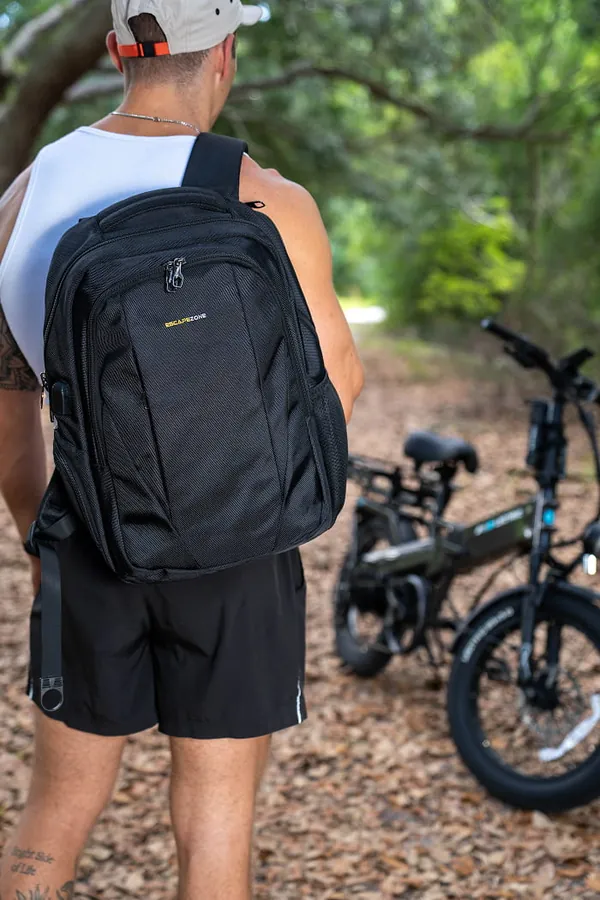Customer wearing the EscapeZone Shield backpack
