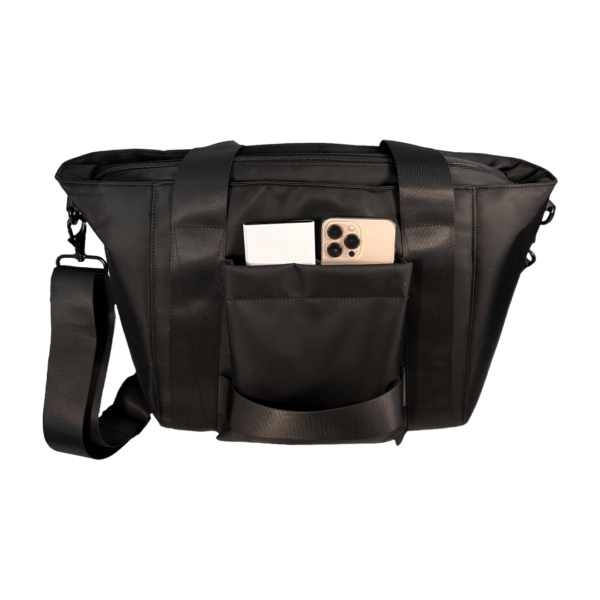 Side View of Stylish Women’s Handbag with Faraday Pockets with Devices in Pockets