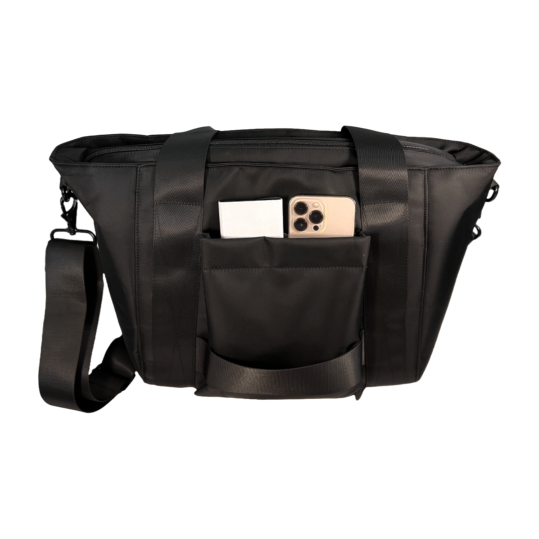 Side View of Stylish Women’s Handbag with Faraday Pockets with Devices in Pockets